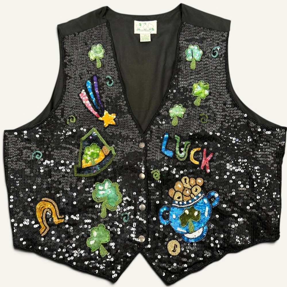 VTG Quacker Factory St‎ Patricks Day Sequin Vest 2X Lucky Festive Kitschy